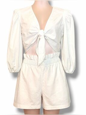 Express Linen Blend Two Piece Set White Paperbag Shorts Tie Front Crop Top Med